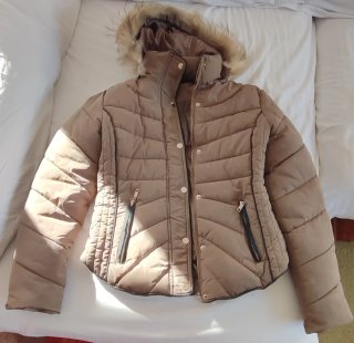 Abrigo acolchado mujer beige/marrón con capucha