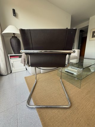 Silla Butaca Piel Marrón y Plata