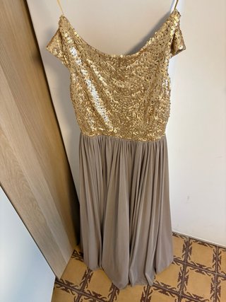 Vestido fiesta lentejuelas dorado y beige