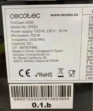 Microondas Cecotec Proclean 3030 700W 20L