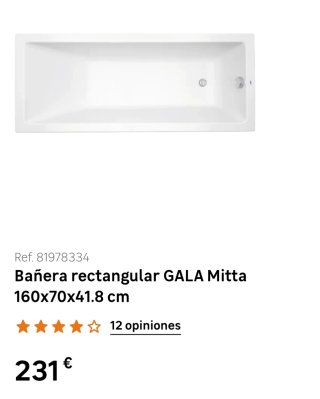 Bañera GALA Mitta 160x70x41.8 cm