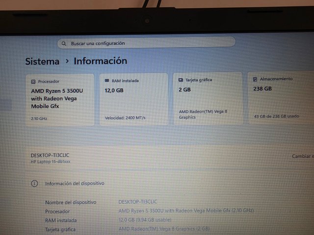 Portátil HP Ryzen 5 12GB RAM 256GB NVMe Tec. Numér