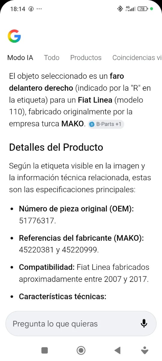 Faro Delantero Derecho Fiat Linea