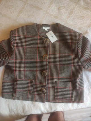Chaqueta cuadros mujer gris y rojo