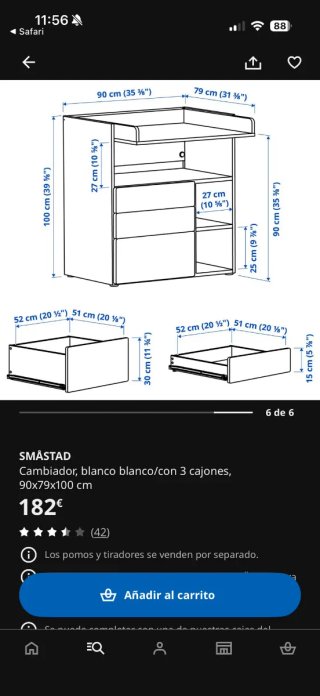 Cambiador blanco con cajones y estantes