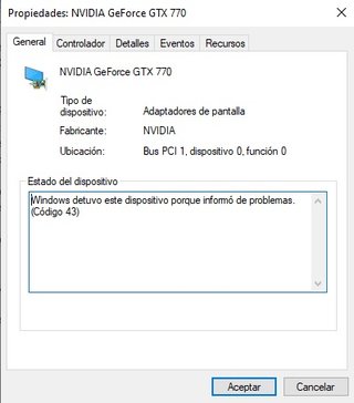 GTX 770 2GB Twin Frozr ERROR CÓDIGO 43 PARA PIEZAS
