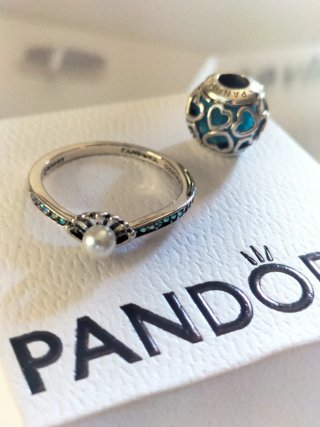 Lote Pandora Anillo  sirenita Charm Corazones Turq