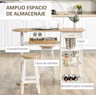 Mesa Bar con Botellero, Cesta y 2 Taburetes