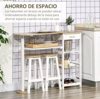 Mesa Bar con Botellero, Cesta y 2 Taburetes