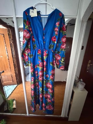 Vestido largo floral azul y rosa Talla S