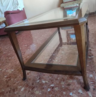 Mesa de centro madera y doble hoja cristal