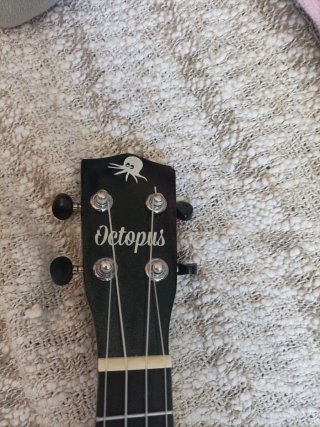 Ukulele con custodia e plettro per suonare.