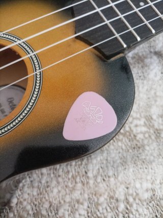 Ukulele con custodia e plettro per suonare.