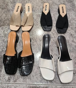 Sandalias de tacón beige, negro y blanco