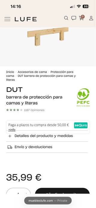 Barrera protectora cama infantil Muebles Lufe