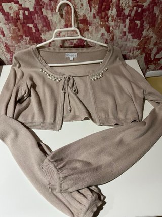 Chaqueta corta Strana perlas lazo beige M/L