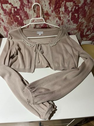 Chaqueta corta Strana perlas lazo beige M/L