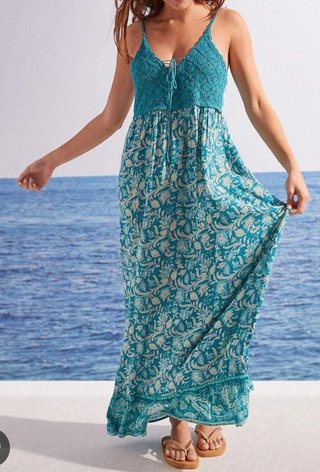 Vestido largo crochet y estampado floral T.M