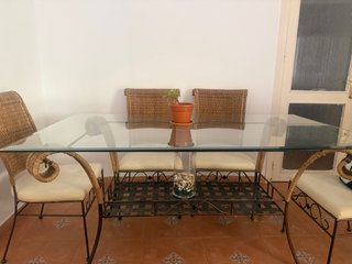 Mesa cristal y forja con 6 sillas