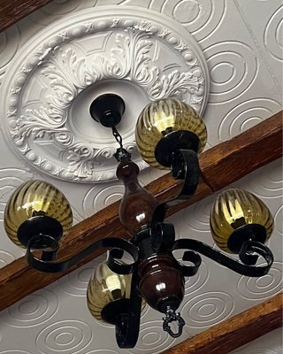 Lámpara de forja y madera 4 luces