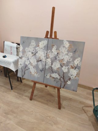 Pareja cuadros flores y mariposas acrílico. Dos un