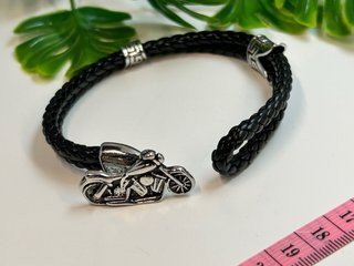 Pulsera Cuero Negro Moto Hombre y anillo acero