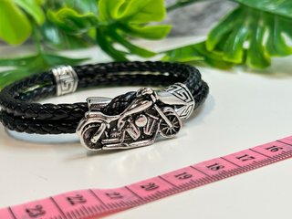 Pulsera Cuero Negro Moto Hombre y anillo acero
