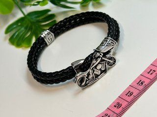Pulsera Cuero Negro Moto Hombre y anillo acero