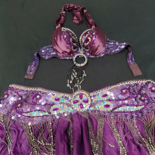Conjunto Danza Vientre 4 Piezas Morado/ Pedrería.
