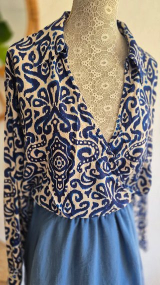 Blusa Zara Estampada Azul y Beige