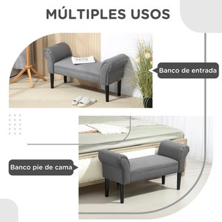 Banco Pie Cama Lino Gris Patas Madera Acolchado