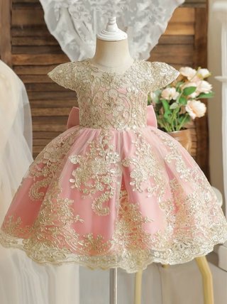 Vestido de fiesta infantil rosa y dorado
