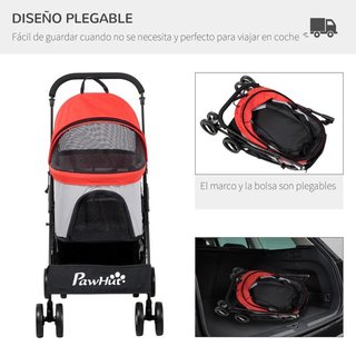 Carrito Mascotas 3 en 1 con Cojín y Cesta Roja