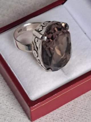 Anillo Plata 925 Cuarzo Ahumado Facetado