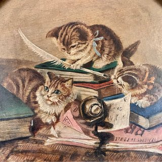 Pintura inglesa escena victoriana gatitos años 50