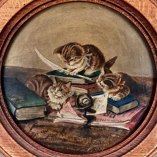 Pintura inglesa escena victoriana gatitos años 50