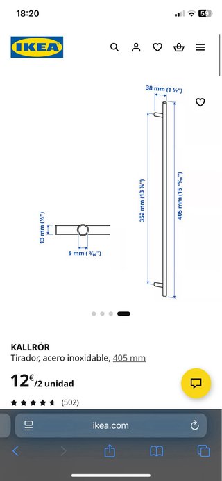 Tirador KALLRÖR IKEA 405mm Acero Inoxidable