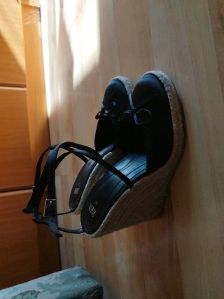 Sandalias ZARA Tacón Cuña Esparto Negro Talla 37