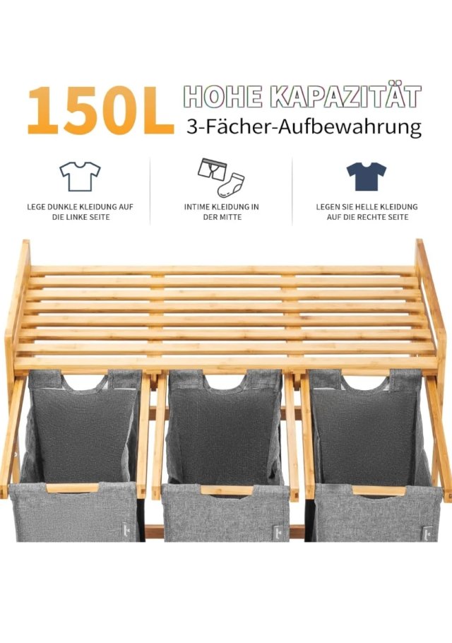 Cesta de Roupa de Bambu 150L Cinza