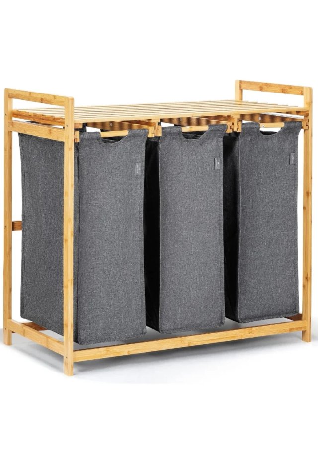 Cesta de Roupa de Bambu 150L Cinza