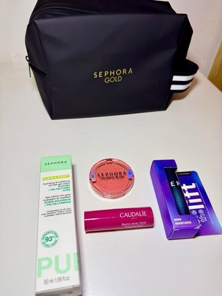 Kit Sephora Gold: Blush, Máscara, Bálsamo Labial e