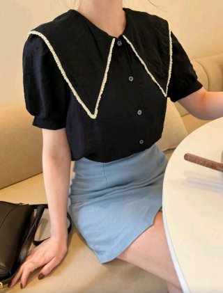 Blusa Shein Cuello Bebé Ribetes Encaje Preppy T.L