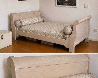 Escritorio con silla y cama de madera rosa