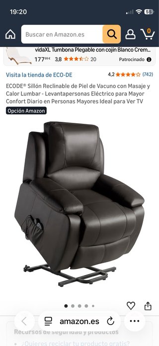 Sillón reclinable piel con masaje lumbar. Nuevo.