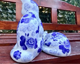Coppia Gatti Ceramica Blu Bianca Vintage