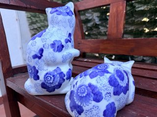 Coppia Gatti Ceramica Blu Bianca Vintage