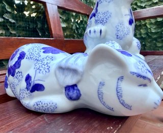 Coppia Gatti Ceramica Blu Bianca Vintage