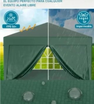 Carpa 6 x 3 mts impermeable, verde, 4 ventanales