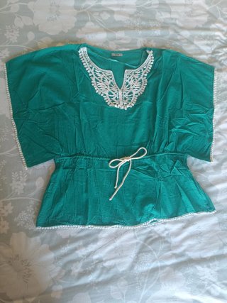 Blusa Túnica Kaftán Turquesa Encaje Blanco