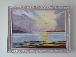 Quadro a olio sul mare con cornice argentata 80x50